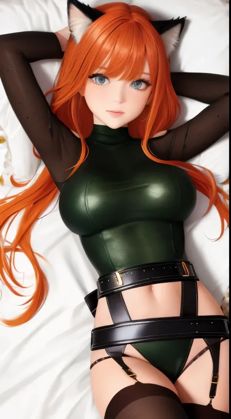 milf, masterpiece, Best quality, ultra detailed, beautiful lighting, 1 girl, orange hair, cat ear, green eyes, freckles, turtleneck top, Looking at the viewer, detailed black stockings with belt, Juicy ass
