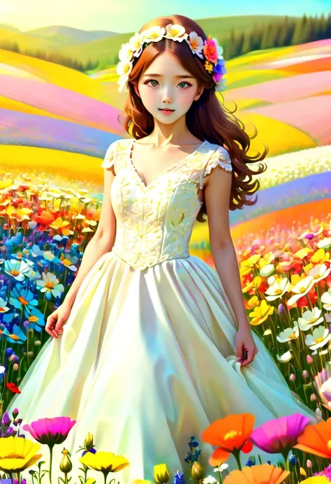 Ridiculous, high resolution, super detailed, (girl:1.3), Put on a wedding dress,(Design flower field scene, With blooming flowers, bright colors, and the feeling of growth and renewal.:1.4)，Dream，Sweet，happiness