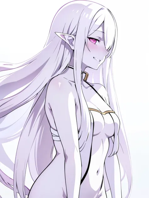 (1 girl,20s,mature female),long hair,solo,white hair,long hair,(((hair over one eye))),(((white skin,pale skin,colored skin))),elf ear,((,yandere,grin)),pink eyes,(white background),((profile)),portrait,full-face blush,blush,naked