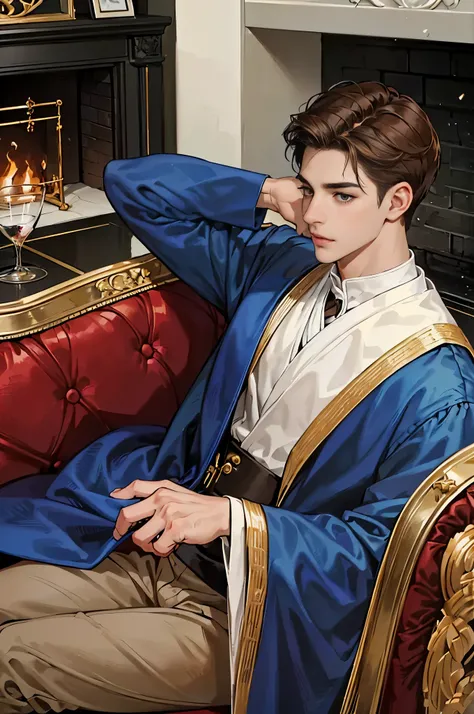 , Boy (7 years), chess, against the backdrop of an aristocratic living room, fireplace in the background, Boy сидит на диване, Brown hair, Dark eyes, Masterpiece, High detail, Best quality, very detailed face ((Dark eyes, Brown hair, smooth skin)), blue si...