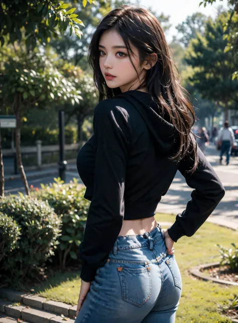 sfw, Tight torn jeans, ((back turned To camera)), face first camera, ((red purple full sleeve hoodie)), long black shiny hair, Full season Trees with orange leaves background, wearing bra,((skinny waist)), young asian girl, ((big breasted)),