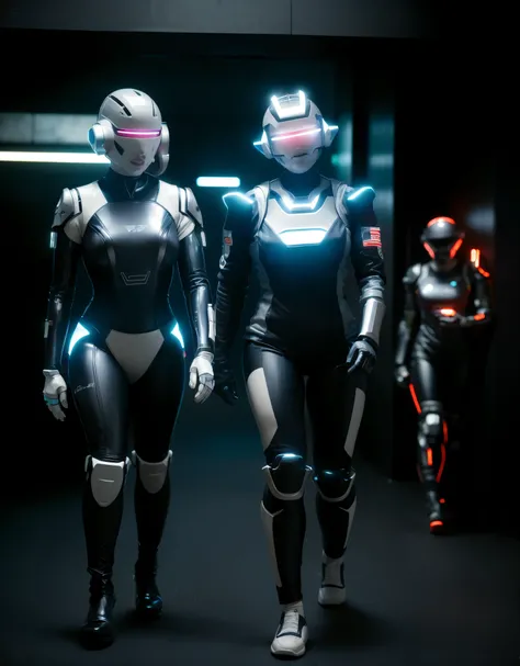 two women with robot bodies walking down a hallway, cyber suits, diverse cyber suits,  cute sci-fi twins, cyber suit, from an 8k science fiction film from 2 0 1 9, cyber suit, in a science fiction film, Futuristic Cybernetic Clothing, vestindo armadura fut...