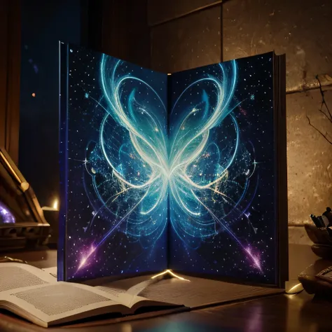 open enchanted book with galaxy mythical magical glowing energy on the page, hyper detailed masterpiece, dynamic realistic, ancient old world appearance exploding out the pages
high resolution photography, 
extremely realistic detail 
 