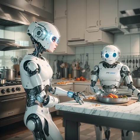 An artificial intelligence chef robot, in a kitchen, and the robot is the cook, photo-realistic, octane render, unreal engine, ultra-realistic