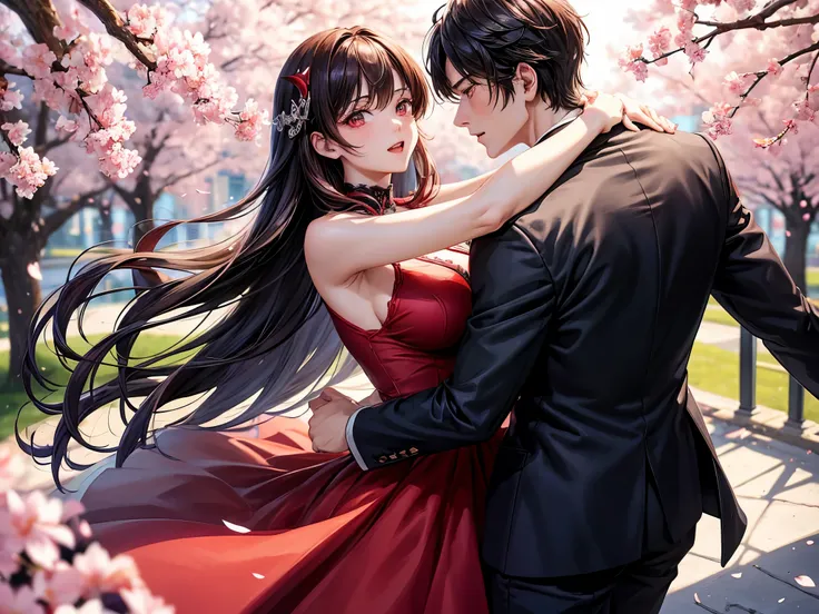 1man and 1woman, couple, beautiful vampire goddess, handsome man, brunette very long hair, man with brunette short hair, red eyes, wearing a sexy red and black dress, man in sexy suit, ultrasharp, looking at the viewer, ((best quality)), ((masterpiece)), (...