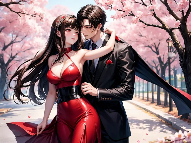 1man and 1woman, couple, beautiful vampire goddess, handsome man, brunette very long hair, man with brunette short hair, red eyes, wearing a sexy red and black dress, man in sexy suit, ultrasharp, looking at the viewer, ((best quality)), ((masterpiece)), (...