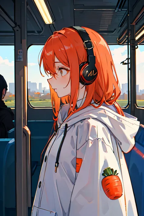 (masterpiece, sidelighting, ultra-detailed, finely detailed beautiful eyes: 1.2), 1girl, bag, building, from side, headphones, hood, hood down, hooded jacket, hoodie, jacket, long hair, orange hair, profile, red hair, solo, train, train interior, upper bod...