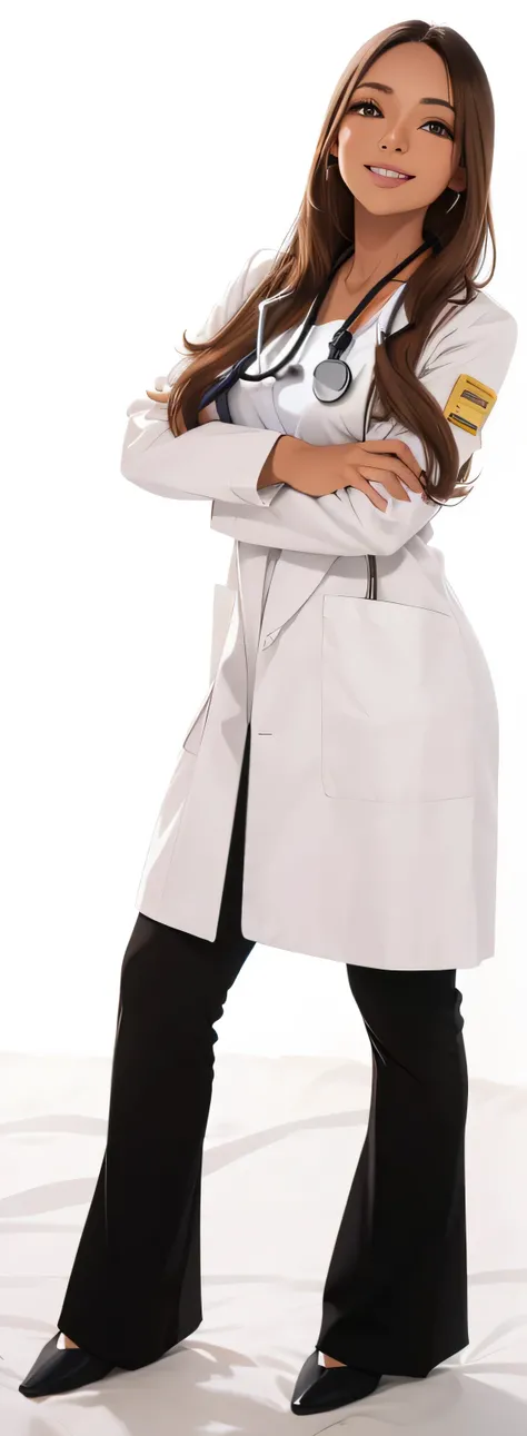 Mulher morena cabelos longos, with arms crossed, wearing a white doctor&#39;casaco, black pants, a stethoscope slung around the neck, e um belo sorriso