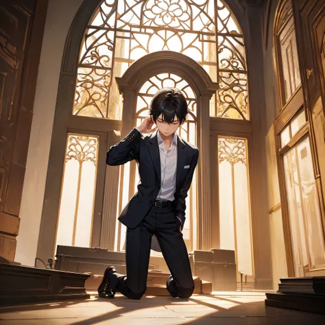 teenager boy kneeling, praying, using dress shirt and dress pant with belt, christian