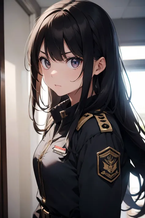 1 girl, lieutenant, general clothes, commander, death stare, emotionless face, eyes, adult, long hair