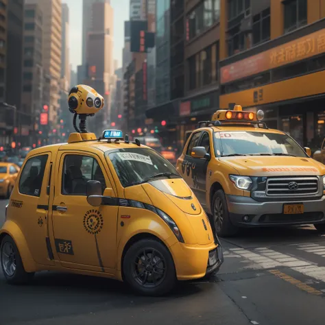 An artificial intelligence Cabdriver robot, in a yellow cab, and the robot is the driver, photo-realistic, octane render, unreal engine, ultra-realistic