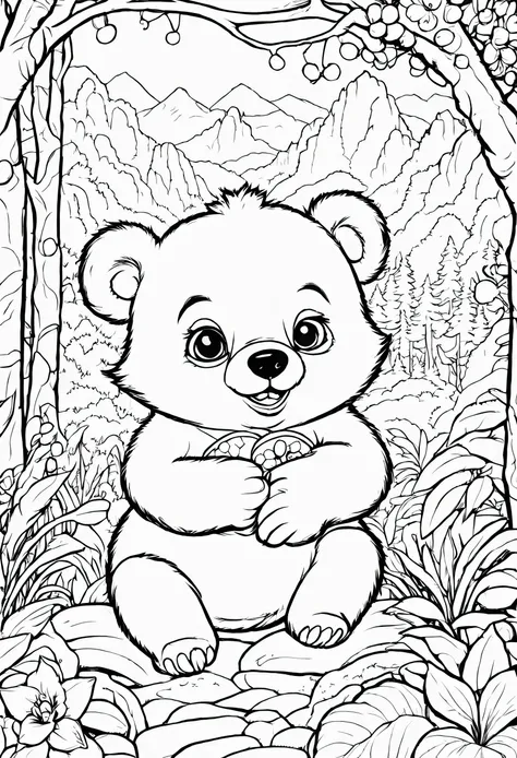 Line drawing, Pixar style, coloring An adorable little bear rests in his den, eating nuts, fruits and berries among vibrant orchids in a North American inspired forest with a detailed background of wooded mountainous areas . ColoringBookAF, coloring books ...