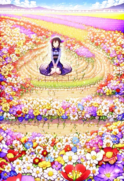 ridiculous, high resolution, 超详细的girl, (girl:1.3), rest，(design flower field scene, with blooming flowers, bright colors, and th...