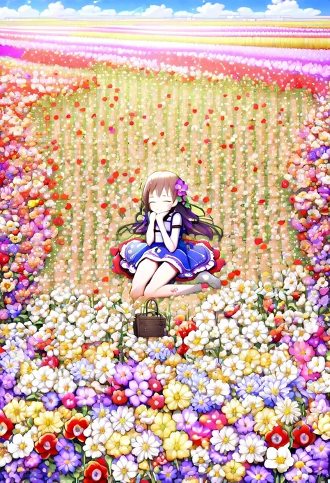 ridiculous, high resolution, 超详细的girl, (girl:1.3), rest，(design flower field scene, with blooming flowers, bright colors, and th...