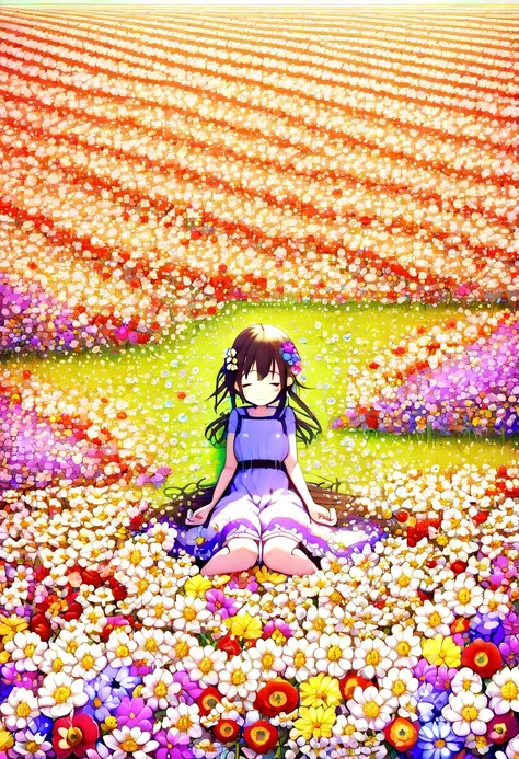 ridiculous, high resolution, 超详细的girl, (girl:1.3), rest，(design flower field scene, with blooming flowers, bright colors, and th...