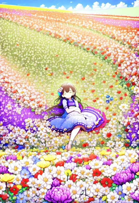 ridiculous, high resolution, 超详细的girl, (girl:1.3), rest，(design flower field scene, with blooming flowers, bright colors, and th...