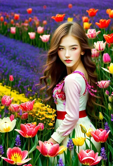 Ridiculous, high resolution, super detailed, (girl:1.3), 
rest
(, Design flower field scene, With blooming flowers, bright colors, and the feeling of growth and renewal.:1.4)，,Lavender，tulip，Rose