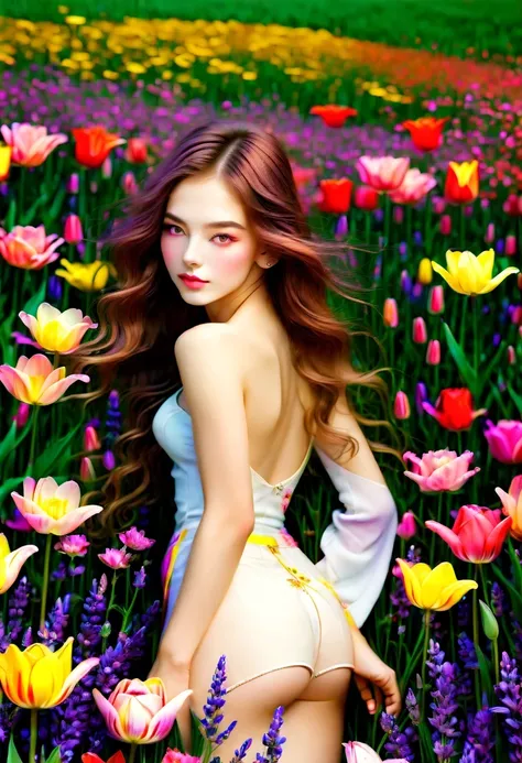 Ridiculous, high resolution, super detailed, (girl:1.3), 
rest
(, Design flower field scene, With blooming flowers, bright colors, and the feeling of growth and renewal.:1.4)，,Lavender，tulip，Rose