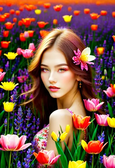 Ridiculous, high resolution, super detailed, (girl:1.3), 
rest
(, Design flower field scene, With blooming flowers, bright colors, and the feeling of growth and renewal.:1.4)，,Lavender，tulip，Rose