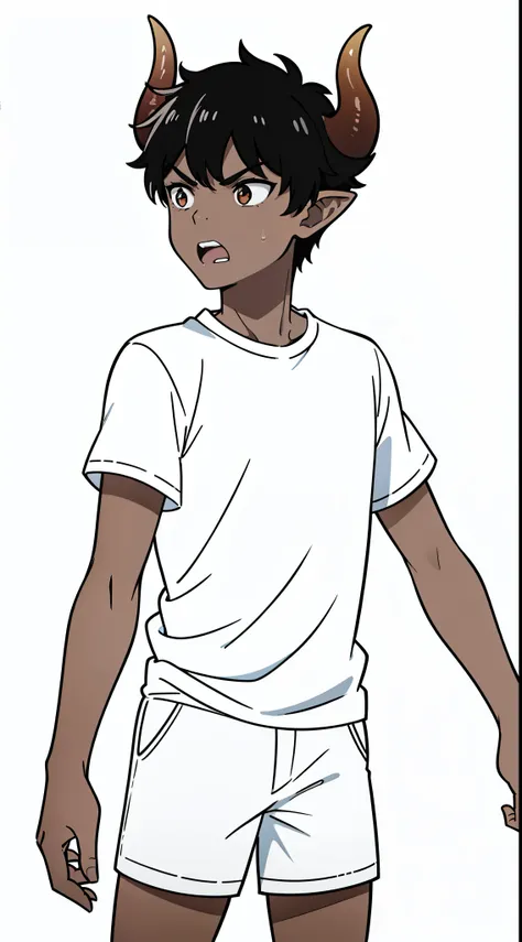 1boy,10 years,solo,((dark skin)),((white shirt,short sleeves,black shorts)),Short hair,black hair,elf ears,(horns),(white background,line drawing),from front,cowboy shot ,open mouth,angry 