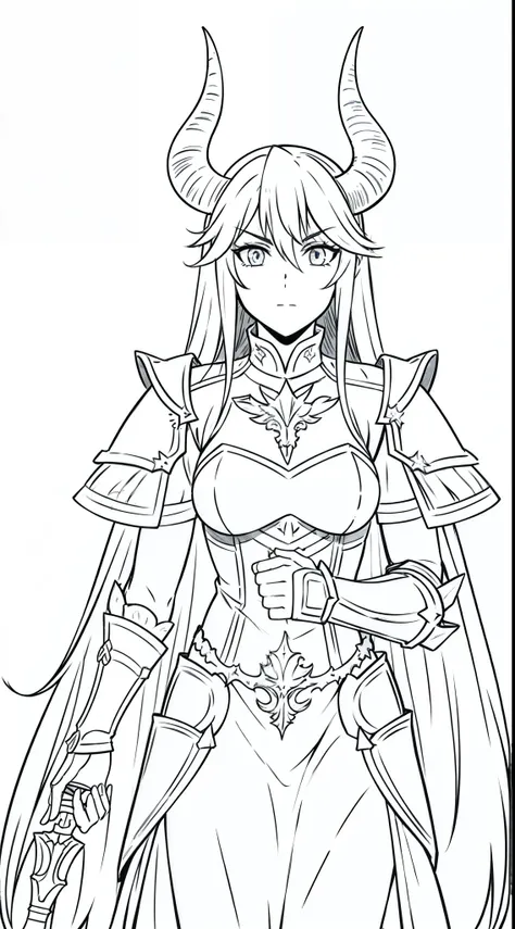 1girl,18s,horns,long hair,cathyl hair,templar golden knight armor,,cowboy shot,(white background,line drawing)