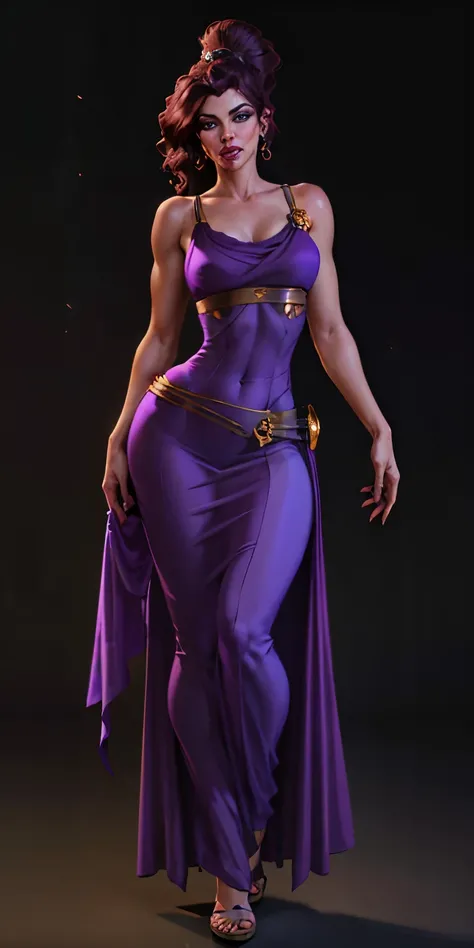 1girl, full body of beautiful megara, bare shoulders, long purple dress, looking at viewer, volumetric lighting, best quality, masterpiece, realistic  