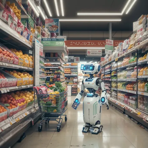 An artificial intelligence grocery store stocker robot, in a grocery store, and the robot is the stocker, photo-realistic, octane render, unreal engine, ultra-realistic