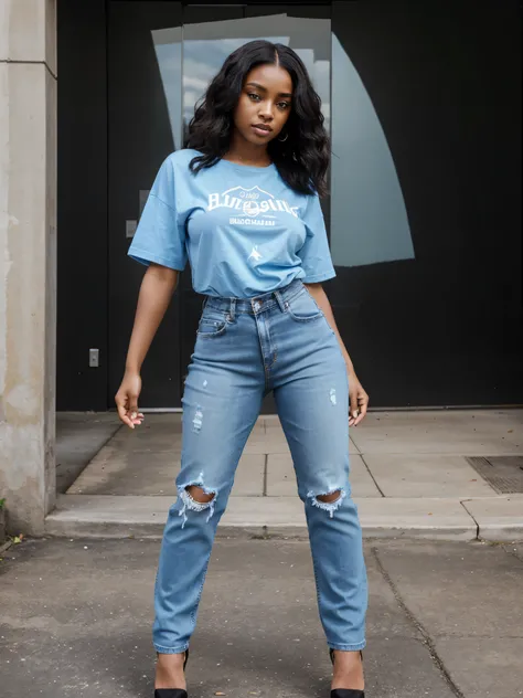 black woman, young goddess, gorgeous black lady, gorgeous woman, gorgeous female, light skin, beautiful goddess, 24 years old,black t-shirt, light blue jeans, black platform heels