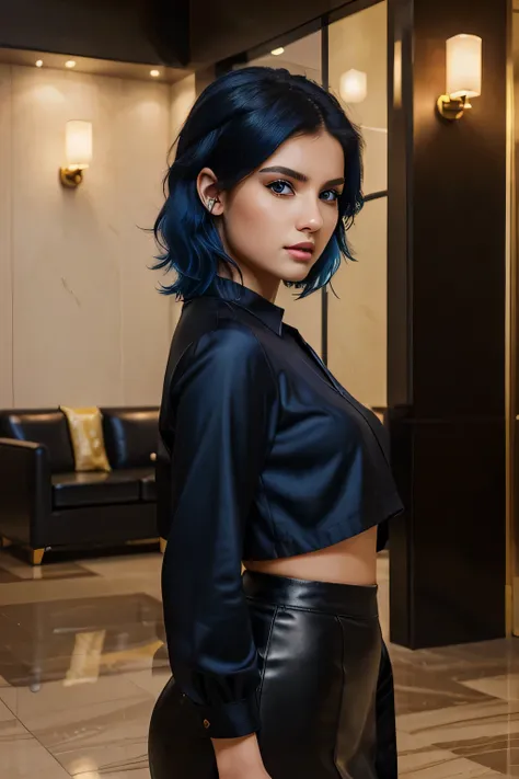 A stunningly beautiful girl poses in a hotel lobby,blaue Augen, 22 Jahre alt, wearing a black elegant outfit, exotic Blaue Haare, Blaue Haare, helles Haar, kurzes Haar, Realistisch, Realismus, Meisterwerk,photoRealistisch