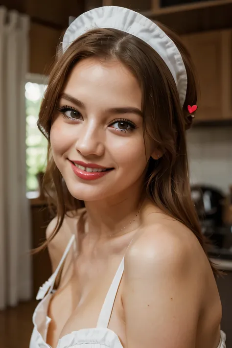 a close-up portrait of a playful maid, unterschnittenes Haar, apron, great body, pronounced feminine character, vollbusig, Kitchen, [ash blonde | ginger | pinkes Haar], Sommersprossen, Flirten mit der Kamera, Niedlich, ultradetailliert,Heart-shaped pupils,...