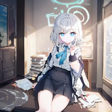 ((best quality)), ((masterpiece)), (ultra detailed) 1girl, beautiful silver hair hair, short skirt, radiant blue eyes,