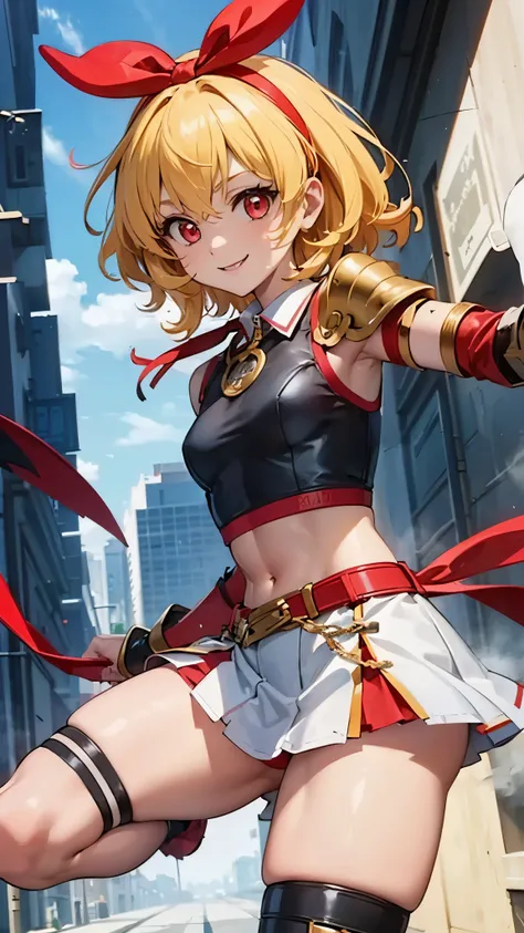 (RED Ribbon on HAIRband:1.2),A boyish female warrior with short yellow-white messy hair, wearing metal gauntlets, in a fighting stance, smiling, revealing clothing, small breasts, toned muscles, and a slender build  Electricity is emitted from both hands, ...