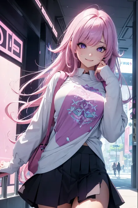 1girl (masterpiece, round_iris, extremely crisp crystalline shiny purple eyes, perfect_anatomy, extremely_captivating_hypnotic_mystic_eyes, ) perfect face, long pastel pink hair, smiling evil, big breasts, gamer girl, wearing a skirt and shirt, tokio strea...