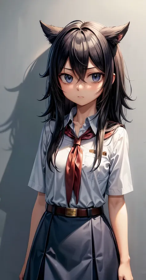 kuroki_tomoko, pioneer neckerchief, blue skirt, bangs, shirt, collarbone, white shirt, short sleeves, collared shirt, belt, red ...