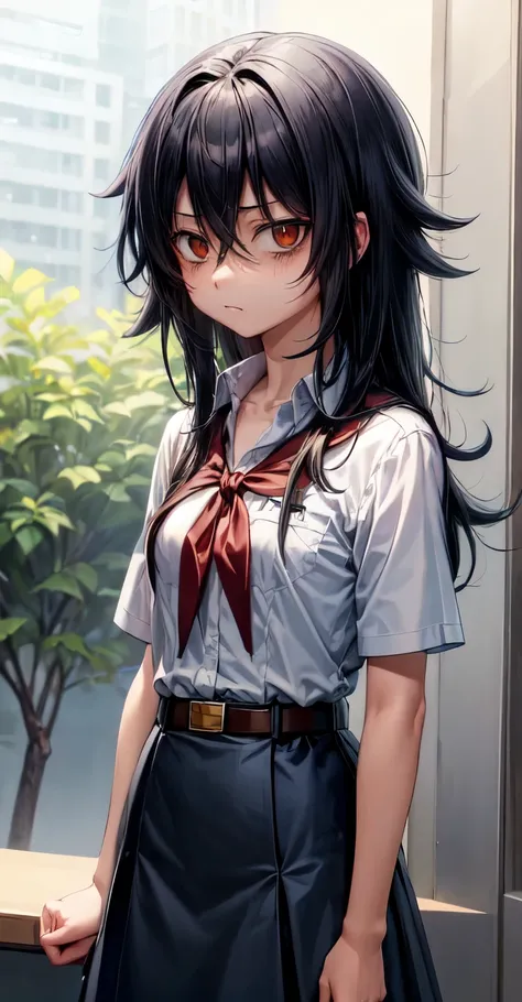 kuroki_tomoko, long dark disheveled hair, bruises under the eyes, pioneer neckerchief, blue skirt, bangs, shirt, collarbone, whi...