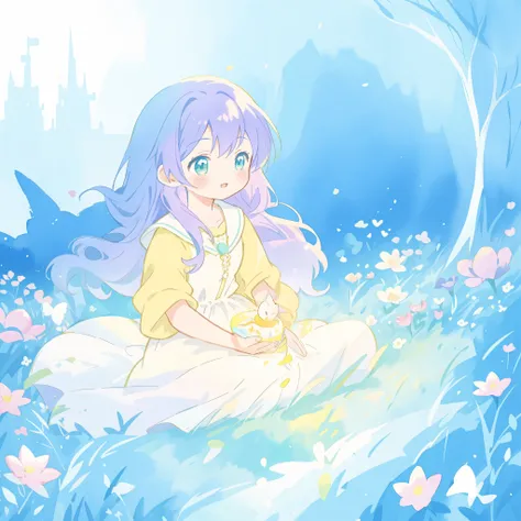 beautiful girl in yellow mint gradient flowing dress, long flowing blue purple hair, colorful fantasia background, vibrant bright colors, watercolor illustration, disney art style, glowing aura around her, glowing lights, beautiful digital illustration, fa...