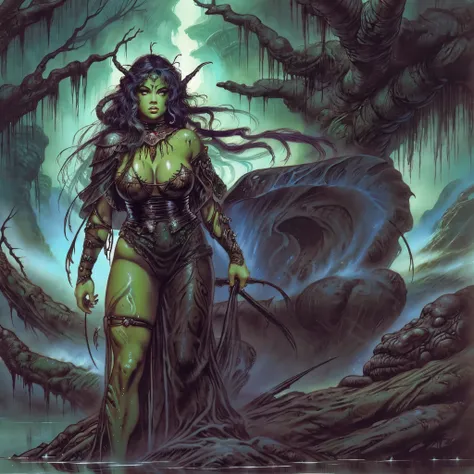 One girl, beautiful bbw girl, chubby girl, perfect face, perfect eyes, Water Monster Girl, Black Lagoon Monster Head, Creature from the Head of the Black Lagoon, green skin, whole body, naked girl, gills on the neck, Fish Skin, Swamp background, Russian fo...