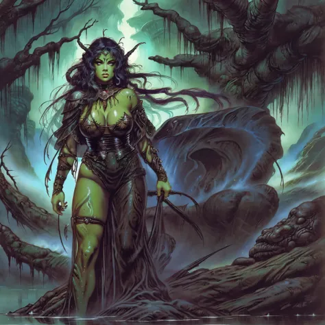 One girl, beautiful bbw girl, chubby girl, perfect face, Perfect eyes, Water Monster Girl, Black Lagoon Monster Head, Creature from the Head of the Black Lagoon, green skin, whole body, naked girl, gills on the neck, Fish Skin, Swamp background, Russian fo...