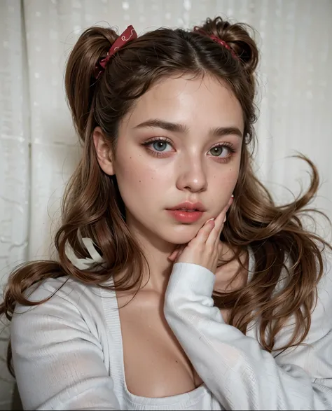 there is a woman with a red bow on her head, 90s make-up, sexy face with full makeup, bella poarch, portrait sophie mudd, pop makeup style, face like ester exposito, sexy lips :5 stylish, sultry look, sexy face, small and thick red lips, thick red lips, he...