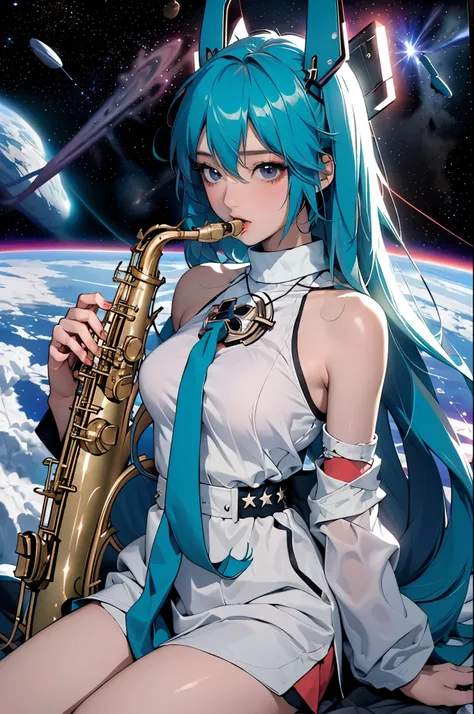 MIKU HATSUNE, the virtual pop star, (((playing the saxophone))), elegantly floating in the (((vacuum of space))), with stars and cosmic backdrop providing a serene backdrop,
