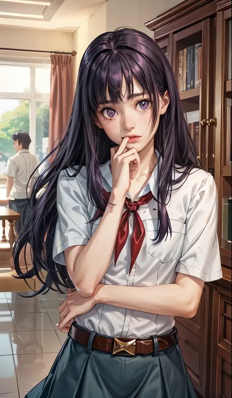 pioneer neckerchief, blue skirt, bangs, shirt, collarbone, white shirt, short sleeves, collared shirt, belt, red neckerchief, full height, hanako ikezawa, big purple eyes, long purple hair, (burn mark:1.3), hair covers right eye