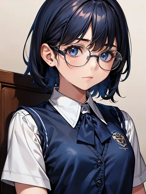 1 girl, Solo, 12 years old, Cute Girl, Best Quality, Ultra-detailed, 8K, High resolution, Detailed face, black hair, (((school uniform, dark blue vest, short sleeves, wearing glasses))),