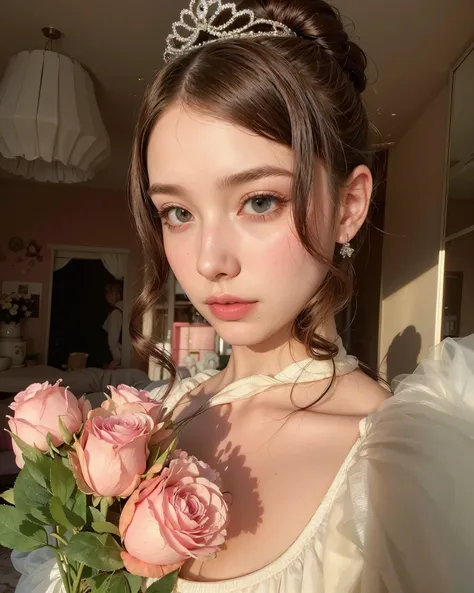 there is a woman with a tiara holding a bouquet of roses, belle delphine, with flowers, beautiful pale makeup, pastel makeup, aesthetic cute with flutter, pale goth beauty, glowing aesthetic, pale glowing skin, aesthetic portrait, dreamy aesthetic, soft ma...