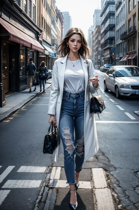 Das Bild zeigt eine Frau, who walks down a street with a handbag in her hand. She is wearing a white shirt and blue jeans, und sie scheint einen Mantel zu tragen. The woman walks past a building, und im Hintergrund ist ein Auto zu sehen. The scene captures...