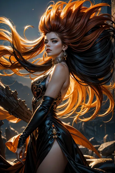 Eine elegante Frau in einer surrealen Modeumgebung, wearing a glamorous dress, that mixes vibrant black tones, ein bisschen orange, Gelb und Rot. Ihr Haar weht im Wind, which increases the dramatic effect. The landscape around them is epic and magnificent,...