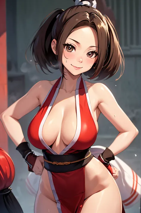 (Masterpiece, Best Quality, High Quality),(chibi:1.1), cowboy shot, shiranui mai,standing, curvy body, sweating, illustration, beautiful, a bow,upper body, kunoichi dress, thighs,(big breasts:1.2), cleavage ,looking at viewer,seductive smile, blushing, han...