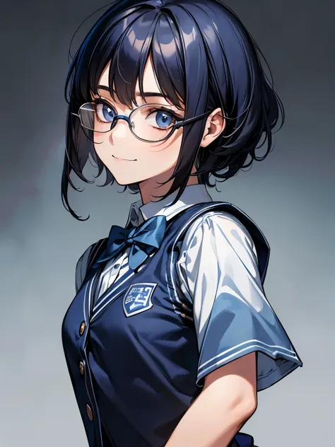 1 girl, Solo, 15 years old, Cute Girl, Best Quality, Ultra-detailed, 8K, High resolution, Detailed face, black hair, light smile, happy, (((school uniform, dark blue vest, short sleeves, wearing glasses))),