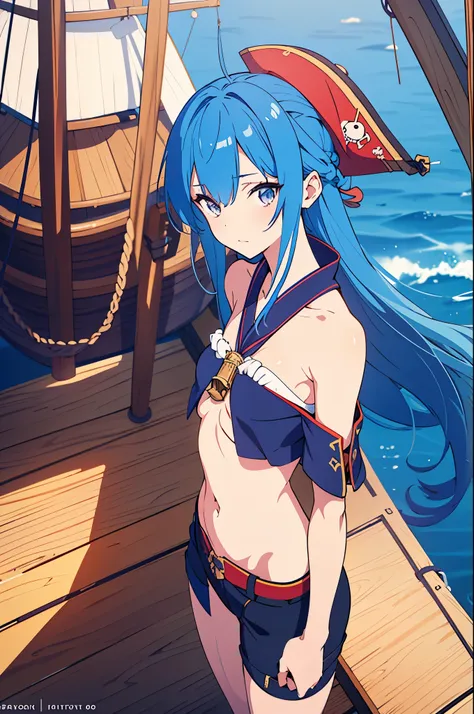 a sexy japanese woman wear pirate hat, pirate outfit, on a pirate ship, (detailed pirate ship), fog, soft light, (best quality), (masterpiece), slim, long legs, (flat chested), anime, (view from above), (blue hair)
