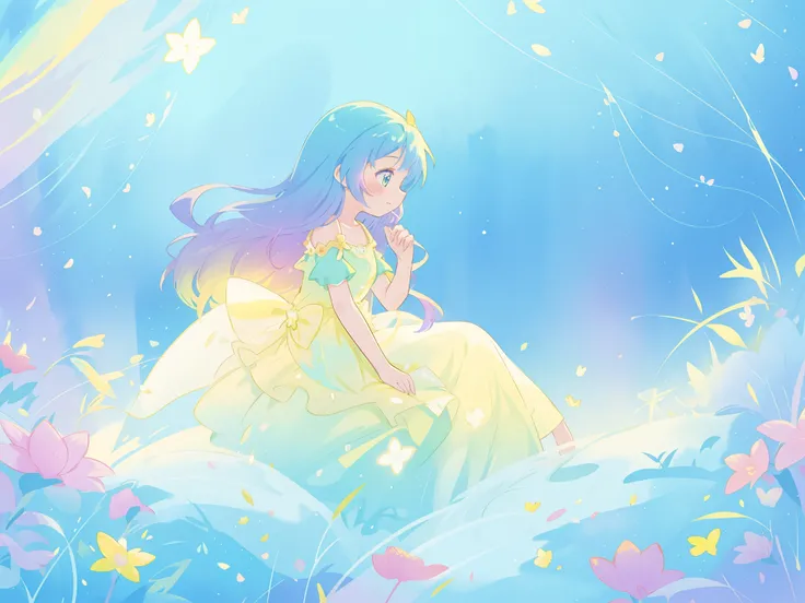 beautiful girl in yellow mint gradient flowing dress, long flowing blue purple hair, colorful fantasia background, vibrant bright colors, watercolor illustration, disney art style, glowing aura around her, glowing lights, beautiful digital illustration, fa...