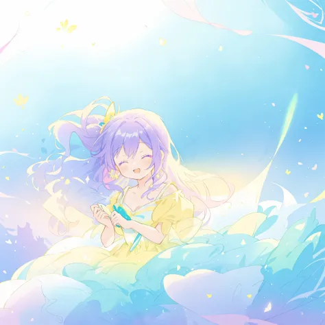 beautiful girl in yellow-mint gradient layered fantasy dress, long flowing blue-purple hair, colorful fantasia background, watercolor illustration, (vibrant bright colors), disney art style, glowing aura around her, glowing lights, beautiful digital illust...